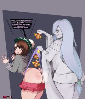 2girls ass booty chubby english_text female female_only ghost ghost_girl ghost_hands gloria gloria_(pokemon) gothiccgyatt magikarp messy_wedgie miniskirt panties panties_filled pokemon pokemon_ss short_skirt skirt text thicc tummy wedgie wedgie_fetish wedgiebully wedgied_female