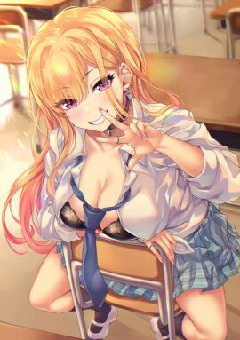 1girls absurdres barbell_piercing black_bra black_choker black_socks blonde_hair blue_skirt blurry blurry_background bow bow_bra bra breasts choker classroom cleavage collared_shirt colored_tips commentary_request earrings female grin gyaru highres indoors jewelry kitagawa_marin lace lace_bra large_breasts long_hair multicolored_hair necktie open_clothes open_shirt piercing pink_hair plaid_clothes plaid_skirt pleated_skirt red_eyes school_uniform shashaki shirt shoes sitting sitting_backwards skirt smile socks solo sono_bisque_doll_wa_koi_wo_suru textless_version tied_shirt underwear uwabaki white_shirt white_shoes