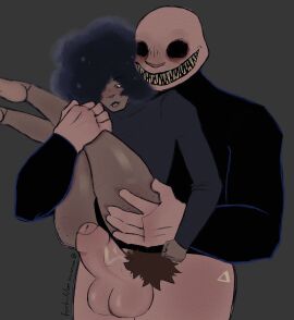 absurd_res afro ambiguous_gender ass avery_(forbiddenavenue) balls big_balls blush buckshot_roulette dealer_(buckshot_roulette) doll doll_joints duo facial_piercing forbiddenavenue foreskin freckled_butt freckles genitals hi_res humanoid imminent_sex lip_piercing lips male monster multicolored_lips penis piercing pubes sex shy size_difference snakebite_piercing spiral_eyes stand_and_carry_position standing standing_sex surprised_expression thighs_together two-tone_lips uncircumcised