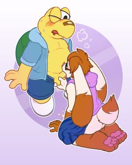 2024 4_toes 5_fingers absurd_res anthro balls balls_grab bandaid_on_nose belly_poke black_eyes blue_clothing blue_hoodie blue_shorts blue_topwear blush bodily_fluids bottomwear chaps clothing cum cum_on_ground cum_on_hand cum_on_penis duo eyewear feet fellatio fingers floppy_ears footwear gay genital_fluids genitals glasses green_eyes hi_res holding_balls hoodie katzenfaust kneeling koopa koopa_troopa koops lagomorph leporid lop_ears male male/male mammal mario_bros nintendo nipples one_eye_closed open_mouth oral orange_body paper_mario paper_mario:_the_thousand-year_door penile penis pink_clothing pink_hoodie pink_topwear rabbit robin_(robinstic) scalie sex shoes shorts sitting sweat sweatdrop toes topwear white_body white_clothing white_footwear white_shoes yellow_body