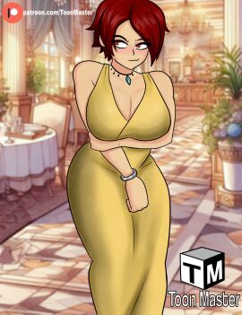 1girls ass big_ass big_breasts big_butt blush breast_press breasts busty chair clothed dress elegant female huge_breasts jewelry king_of_fighters light-skinned_female light_skin necklace plants pressing_breasts_together red_eyes red_hair short_hair standing sunlight table thick_legs thick_thighs thighs tight_dress vanessa_(kof) voluptuous_female wide_hips yellow_dress