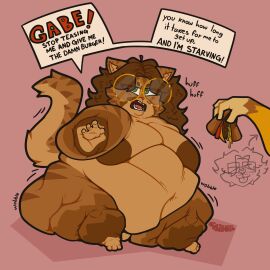 absurd_res anthro belly bifurcated_gunt big_belly big_breasts breasts breath burger canid canine canis catboyz dialogue digital_media_(artwork) domestic_cat domestic_dog duo english_text eyewear felid feline felis female flabby_arms flabby_legs food fur gabe_(catboyz) genitals glasses hair hi_res holding_food holding_object looking_at_viewer male mammal mika_(catboyz) morbidly_obese morbidly_obese_anthro morbidly_obese_female navel nude obese obese_anthro obese_female open_mouth overweight overweight_anthro overweight_female panting reaching_for_object reaching_out siberian_cat simple_background speech_bubble tail teasing text