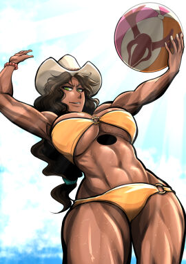 1girls abs beach_ball big_breasts bleach bleach_brave_souls breasts brown_hair curly_hair dark-skinned_female dark_skin female hat looking_down mila_rose muscular muscular_female soyuzu sweat swimsuit swimwear thick_thighs underboob volleyball wet_body
