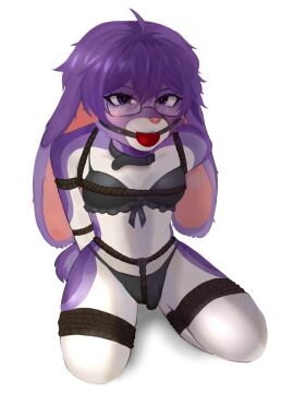anthro arms_tied arms_tied_behind_back artverba ball_gag black_bra black_clothing black_panties black_underwear bondage bound bow_(feature) box_tie bra bulge clothed clothing collar crossdressing crotch_rope eyewear fur gag glasses hair hi_res kneeling lagomorph leporid male mammal multicolored_body multicolored_fur panties purple_body purple_eyes purple_fur purple_hair rabbit restraints rope rope_bondage rope_harness simple_background solo submissive submissive_male thistle_(thistlebunny) thong two-tone_body two-tone_fur underwear white_background white_body white_fur
