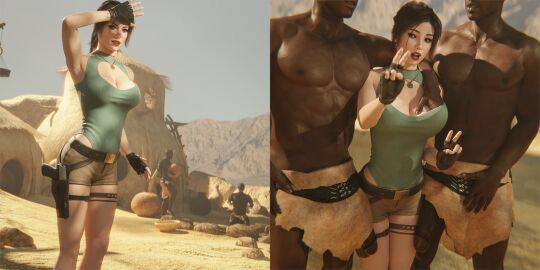1girls 2boys 3d black_penis breast_grab breasts busty currysfm dark-skinned_male dark_skin female female_focus groping hourglass_figure interracial interracial_sex lara_croft light-skinned_female light_skin male peace_sign penis tagme tomb_raider tribal tribal_male tribesman wide_hips