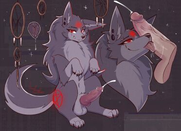 animal_genitalia animal_penis balls bodily_fluids canid canine canine_genitalia canine_penis canis ccruelangel cum cumshot demon demonic disembodied_penis disembodied_pussy dreamcatcher duo ear_piercing ear_ring ejaculation female femboy feral fur fur_tuft genital_fluids genitals hi_res humanoid_genitalia humanoid_penis knot looking_at_viewer male mammal microsoft microsoft_windows occult_symbol paws penis pentacle piercing pussy red_eyes ring_piercing saliva scar simple_background symbol tuft windows_95 wolf zoophilia