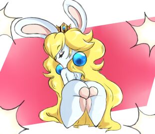 anthro ass big_ass big_butt black_eyebrows blonde_hair blue_ear_ring closed_eyes countershading crossover crown ear_piercing ear_ring eyebrow_through_hair eyebrows eyelashes female fur gold_crown hair headgear lagomorph long_hair mammal mario_(series) mario_plus_rabbids_kingdom_battle nintendo open_mouth piercing pink_body pink_countershading pink_inner_ear princesskari rabbid rabbid_peach raving_rabbids rayman_(series) rear_view ring_piercing solo super_mario_bros. thick_thighs translucent translucent_hair ubisoft white_body white_ears white_fur
