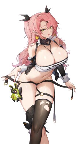 1girls belt big_breasts black_thighhighs breasts cleavage colored_nails crop_top ear_piercing earrings female female_only fit_female green_eyes hair hair_ornament hairclip hourglass_figure huge_breasts human human_female kiriko_(araragikoyomi) large_breasts legwear light-skinned_female long_hair mole mole_on_breast mole_under_eye navel necklace neckwear neckwear_between_breasts nicole_demara pants_around_one_leg pink_hair ribbon shorts shorts_down slim_waist solo solo_female standing_on_one_leg thick_thighs thigh_strap thighhighs thighs topwear twintails undressing wide_hips zenless_zone_zero