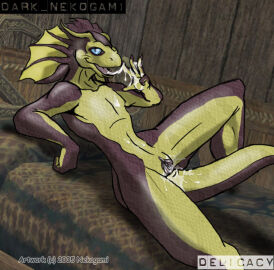 2005 anthro bed bent_leg bodily_fluids cuntboy dark_nek0gami everquest finger_fetish finger_lick finger_play fingers furniture genital_fluids genitals iksar intersex licking looking_at_viewer lying on_back open_mouth open_smile pussy scalie smile solo spread_legs spreading tail tail_between_legs tongue tongue_out vaginal_fluids