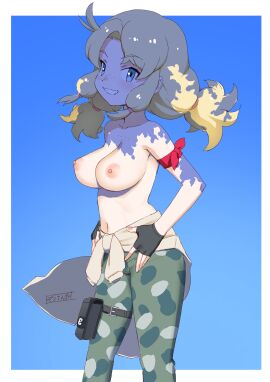 1:1 1girls areolae arm_ribbon armband bangs bare_shoulders black_gloves blonde_hair blue_background blue_eyes blush bodypaint border breasts breasts_out calenda_(kemono_friends) camouflage camouflage_pants cargo_pants closed_mouth clothes_around_waist clothing cowboy_shot curly_hair dot_nose erect_nipples erect_nipples_under_clothes eyebrows eyebrows_visible_through_hair eyelashes feathers female female_only fingerless_gloves freckles gloves green_pants grin hair_tie hairband hand_on_hip hand_on_own_thigh hand_on_thigh high_resolution huge_breasts jacket kemono_friends kemono_friends_3 large_breasts leg_belt long_hair looking_at_viewer looking_to_the_side low_twintails masuyama_ryou medium_breasts multicolored_hair navel nipples no_bra nose_blush pants pink_hairband puffy_hair red_armband ribbon shirt shorts sidelocks simple_background skindentation sky sleeveless smile solo standing sun sweater sweater_around_waist tail tank_top third-party_edit tied_hair topless twintails very_long_hair white_border