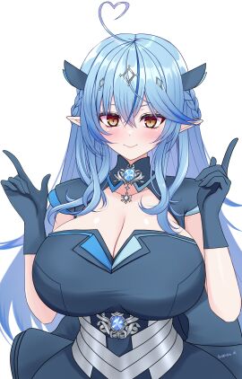 1girls 2025 bare_shoulders big_breasts blue_hair breasts clothed clothing elf_ears female female_only fully_clothed hi_res hololive hololive_gen_5 hololive_japan huge_breasts kasuterastellar light-skinned_female light_skin long_hair looking_at_viewer simple_background smile smile_at_viewer solo virtual_youtuber vtuber white_background white_skin yellow_eyes yukihana_lamy