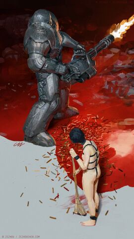 1girls absurd_res absurdres ambiguous_gender anklet armor armored barely_visible_breasts barely_visible_nipples black_hair blood_everywhere bondage bondage_outfit breasts broom bullet_shells cleaning cleaning_tool cleaning_up collar color colored combat completely_nude copyright_symbol corpse female fighting firing_weapon gatling_gun gun harness high_resolution highres holding_broom holding_gun holding_object holding_weapon jewelry minigun nude nude_female power_armor rimworld shell_casing signature slave sweeping weapon zezhou_chen