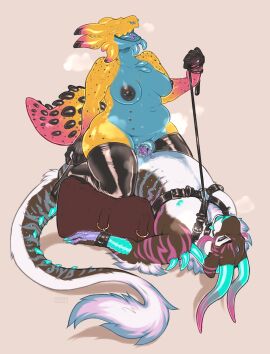 anthro barbell_piercing belly big_belly big_breasts black_nipples blue_body blue_horn bondage bound breasts brown_body brown_fur circular_barbell_piercing clitoris clothing duo erection eyeless facial_piercing felid female female_anthro forked_tongue fur gastropod genitals harness hi_res horn latex latex_clothing latex_legwear leash leash_pull legwear lying male male_anthro mammal mollusk mostly_nude musk musk_clouds narrowed_eyes nipple_barbell nipple_piercing nipples nose_piercing nude on_back open_mouth overweight overweight_anthro overweight_female penis piercing pink_body purple_penis pussy red_eyes septum_circular_barbell septum_piercing seraphictiger simple_background slug spiked_tail spikes spikes_(anatomy) submissive submissive_male tail tentacle_clitoris tongue tongue_piercing tongue_stud white_body white_fur yellow_body