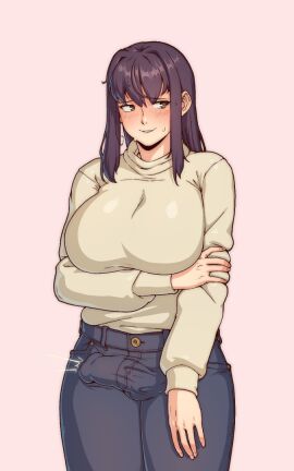 1futa benefitship big_breasts big_penis black_hair blush breasts brown_eyes chloe_(benefitship) clothed clothing erection erection_under_clothes flustered fully_clothed futa_only futanari game_cg genital_outline human intersex light-skinned_futa light_skin long_hair pants penis penis_under_clothes purple_hair solo standing sulcate sweater transparent_background