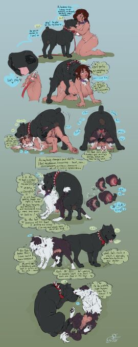 absurd_res ass_to_ass bikini canid canine canis clothing collar cum cum_in_pussy cum_inside dialogue doggy_style domestic_dog duo feelferal female feral from_behind_position hi_res human human_on_feral human_to_feral interspecies knot knotting male male/female mammal not_furry pussy sex species_transformation speech_bubble spiked_collar spikes swimwear teats transformation two-piece_swimsuit zoophilia
