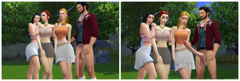 1boy 2024 3d 3girls beard big_penis black_hair blonde_hair bottomless bottomless_male breasts casual casual_exposure clothed_female clothed_female_nude_male curvy_female daytime dress erect_penis erection erection_under_clothes female fit fit_female fit_male fitness forest grabbing grabbing_penis grey_shirt huge_cock light-skinned_female light_skin male male/female matrixsims medium_breasts nude nude_male orange_topwear original_characters outdoors pale-skinned_female pale_skin park penis penis_awe pink_topwear pose posing red_hair sandals surprised surprised_expression sweatshirt tattoo tennis the_sims the_sims_4 white_shirt