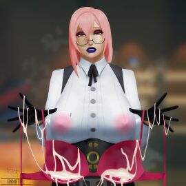 2025 anmatiel big_breasts bra breasts clothed clothed_female clothing cum cum_on_bra cum_on_clothes cum_string female female_only glasses hoyoverse light-skinned_female light_skin lipstick looking_at_viewer mihoyo nipples nipples_visible_through_clothing pale-skinned_female pale_skin pink_eyes pink_hair purple_lipstick tsukishiro_yanagi watermark zenless_zone_zero