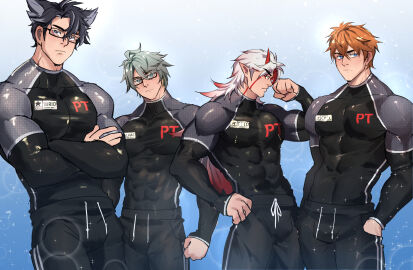 4boys abs abs_visible_through_clothing alhaitham_(genshin_impact) arataki_itto bara biceps black_hair body_markings bulge childe_(genshin_impact) clothing crossed_arms face_markings flexing flexing_bicep fully_clothed gay genshin_impact ginger glasses grey_hair hand_on_hip hands_in_pockets horn jackray85674939 looking_at_viewer male male_only markings muscle_shirt muscles muscular muscular_arms muscular_male name_tag pecs red_hair red_horns red_markings serious skin_tight sparkles sportswear standing sweatpants tartaglia_(genshin_impact) tight_clothing two-tone_hair white_hair wriothesley_(genshin_impact) yaoi