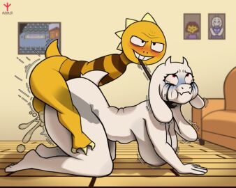 age_difference all_fours anthro armless asphyxiation ass avioylin balls balls_deep big_breasts blush bodily_fluids bovid breasts caprine crying cum cum_drip cum_in_ass cum_in_pussy cum_inside detailed_background dinosaur dripping duo female from_behind_position genital_fluids goat hi_res leash leash_pull makeup male male/female male_dominating_female male_on_top mammal mascara mascara_tears mature_anthro mature_female monster monster_kid motion_lines nipples nude on_the_floor on_top penetration pussy reptile scalie sex strangling tears thick_thighs toriel undertale undertale_(series) x-ray younger_anthro younger_male