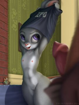 2024 3:4 animal_genitalia animal_penis anthro bed breasts buckteeth canid canine canine_genitalia clothing detailed detailed_background detailed_fur digital_media_(artwork) dipstick_ears disney duo female flat_chested fox fur furniture genitals grey_body grey_fur hi_res judy_hopps lagomorph leporid male male/female mammal mostly_nude multicolored_body multicolored_ears multicolored_fur navel nick_wilde nipples nude open_mouth open_smile penis plushie pussy rabbit shirt signature smile t-shirt teeth topwear two-tone_body two-tone_fur ukon_vasara undressing undressing_self white_body white_fur wide_hips zootopia