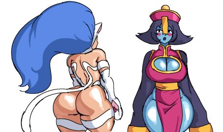 2girls blue_skin darkstalkers felicia_(darkstalkers) female hsien_ko jiangshi lei-lei lei_lei purple_hair royalmilk20 vexwarlock
