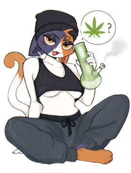 1girls barefoot bong breasts evebevie feline female fortnite furry furry_only looking_at_viewer meow_skulls_(fortnite) sitting solo solo_female tank_top tummy underboob weed