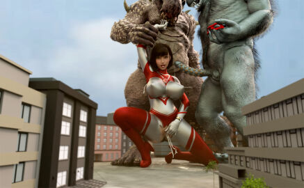1girls 2boys 3d alien alien_girl alien_humanoid breasts building building_destruction building_sex city cum cum_in_pussy cum_inside female female_penetrated gigantic_breasts heroine human losing losing_fight male pregnant pussy tight_clothing ultraman_(franchise) ultrawoman ultrawoman_katia