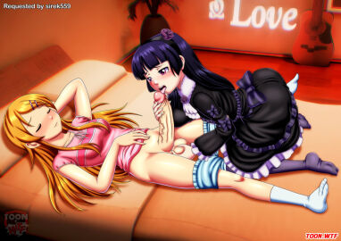 1futa 1girls balls bangs big_breasts big_penis blonde_hair blush bottomless breasts clothed clothing duo erection female fully_clothed futa_on_female futanari gokou_ruri human intersex kousaka_kirino licking licking_penis light-skinned_female light-skinned_futa light_skin long_hair on_back ore_no_imouto_ga_konna_ni_kawaii_wake_ga_nai palcomix partially_clothed penis penis_lick sex toon.wtf