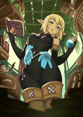 1girls bare_shoulders blonde_hair bodysuit book breasts cra disembodied_hand elbow_gloves evangelyne evangelyne_(wakfu) female fingerless_gloves from_below gloves green_eyes highres holding holding_book open_book optionaltypo png pointy_ears short_hair small_breasts solo wakfu