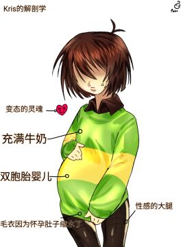 ambiguous_gender angry brown_hair chinese_text clothed deltarune eyes_not_visible fully_clothed green_sweater hand_on_belly human implied_lactation information_sheet kris_(deltarune) not_loving_pregnancy pasu99_0 pregnant pregnant_belly pregnant_human short_hair solo solo_focus soul_(deltarune) sweater sweater_pull thigh_gap thigh_highs thighhighs thighs translation_request unwanted_pregnancy white_background