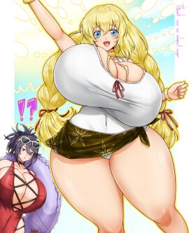 2girls alternate_breast_size big_breasts black_hair blonde_hair blue_eyes breasts cleavage colette_brunel enormous_breasts female fujibayashi_sheena gigantic_breasts happy hips huge_breasts huge_hips huge_thighs large_breasts long_hair looking_at_viewer massive_breasts sheena_fujibayashi tales_of_(series) tales_of_symphonia thick_thighs thighs wide_hips