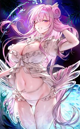 ;o absurdres angel_wings bikini breasts cleavage commentary cowboy_shot dorothy_(nikke) dorothy_(serendipity)_(nikke) fake_wings female goddess_of_victory:_nikke hair_bun highres large_breasts long_hair looking_at_viewer navel official_alternate_costume one_eye_closed open_mouth pink_hair purple_eyes purple_sky single_side_bun sky smile solo someang stomach swimsuit thighs very_long_hair water white_bikini wings