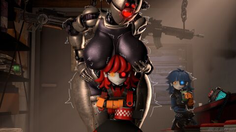 1080p 3d 3girls ari_is_very_sad assaultron assaultron_(fallout) bethesda_softworks big_breasts blue_hair blush breasts crossed_arms crossover detailed_background drinking fallout fallout_4 female female_only hand_on_breast hand_on_own_breast mimi_sentry mocking png red_hair robot robot_girl sentry_(team_fortress_2) size_difference team_fortress_2 thick_thighs tremble_lines tremble_spikes valve wide_hips