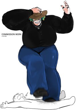 1girls anonymous_character balls bell_bottoms_(pants) big_breasts black_nails boots breasts broad_shoulders commission commission_art cowboy_hat dancing female femdom green_hair grin hand_on_hat hat huge_breasts jeans long_sleeves looking_down male malicious_smile massive_breasts mole mole_under_mouth motion_blur muscular muscular_female necklace penis pierced_ears piercing rings rochi rrrroch1 sadomasochism sharp_teeth short_hair stomping stomping_on_balls stomping_on_dick tattoo tattoo_on_neck