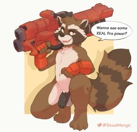 4_toes 5_fingers anthro anthro_only artist_name balls barefoot big_gun biped black_penis bodily_fluids brown_body brown_fur claws clothing dialogue digital_media_(artwork) digitigrade dripping english_text fangs feet fingerless_gloves fingers fluffy fluffy_tail foreskin full-length_portrait fur genital_fluids genitals geometric_background glans gloves gloves_only guardians_of_the_galaxy gun half-erect handwear handwear_only hi_res holding_gun holding_object holding_ranged_weapon holding_weapon kneeling looking_at_viewer male male_anthro male_only mammal markings marvel marvel_comics mostly_nude mostly_nude_anthro mostly_nude_male navel on_one_knee open_mouth paws penis portrait precum precum_drip procyonid raccoon raccoon_tail ranged_weapon red_clothing red_eyes red_gloves red_handwear rocket_raccoon saucimango simple_background smile smiling_at_viewer solo speech_bubble striped_markings striped_tail stripes tail tail_markings talking_to_viewer tan_body tan_fur teeth teeth_showing text toe_claws toes uncircumcised weapon