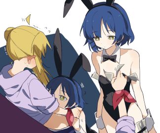 2d blonde_female blonde_hair blue_hair blush bocchi_the_rock! bunnysuit cunnilingus emotionless female hoodie ijichi_nijika money oral oral_sex pants_down ryothepapu yamada_ryou yellow_hair yuri