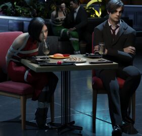 1boy 1girls 3d ada_wong bondage bound dinner dominant dominant_male domination drinking female leon_scott_kennedy male public red_dress resident_evil resident_evil_2 resident_evil_4 skvrwiel straw submissive submissive_female sucking