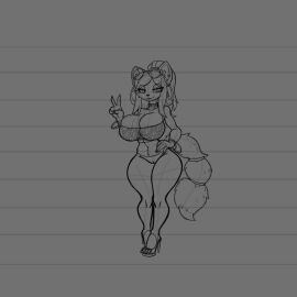 anthro arsfromnowhere_(artist) big_breasts breasts female fox fox_ears furry huge_breasts krystal krystal_(dogzeela) monochrome monster_girl sketch star_fox