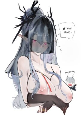 2024 arknights bare_breasts big_breasts breasts elsi english_text female gloves grey_hair hi_res long_hair looking_at_viewer milf nude nude_female pink_eyes pointy_ears ramale_(arknights) simple_background smile text upper_body