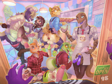 2_penises 4:3 anal anal_sex anthro anus apron ass bakery balls beard bodily_fluids bottomless bottomless_anthro bottomless_male bottomwear bottomwear_down bread canid canine chef_hat clothed clothing cum cum_in_ass cum_inside cum_on_penis cum_on_shirt dairy_products detailed_background digital_media_(artwork) diphallia diphallism dripping english_text erection eyewear facial_hair fangs feet felid finger_fetish finger_lick finger_play fingers first_person_view food food_fetish food_in_ass food_insertion food_play fruit fruit_in_ass fruit_in_mouth fur gecko genital_fluids genitals glasses group group_sex hair hand_on_penis handjob hat headgear headwear humanoid_genitalia humanoid_penis improvised_sex_toy jomagaher k_98 legwear leopard licking licking_cum lizard looking_at_viewer male male/male male_penetrated male_penetrating male_penetrating_male mammal multi_genitalia multi_penis murid murine necktie nude open_mouth pantherine pants pants_down partially_clothed pawpads penetration penile penis pilosan plant precum precum_drip rat reptile rodent scalie sex shirt sloth smile spread_legs spreading strawberry tail teeth text tongue tongue_out topwear wearing_glasses whipped_cream whipped_cream_on_ass xenarthran