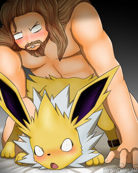 4:5 ambiguous_penetration artist_name blush caught collar doggy_style duo eeveelution eric_sacae female feral feral_penetrated flustered from_behind_position generation_1_pokemon hi_res human human_on_feral human_penetrating human_penetrating_feral interspecies jolteon looking_at_viewer male male/female mammal nintendo oh_shit penetration penile penile_penetration penis pinned pokemon pokemon_(species) pokephilia sex shocked winick-lim zoophilia