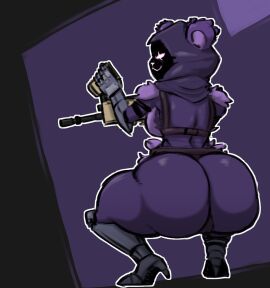 1girls 5_fingers anthro armwear ass ass_bigger_than_head bear big_ass bottom_heavy bubble_ass bubble_butt colored_sketch countershade_torso countershading epic_games eye_scar female female_only footwear fortnite fur_tuft furry gauntlets gloves gluteal_fold gun harness heel_boots hourglass_figure purple_body purple_fur raven_team_leader scar spudds squatting thick_thighs toned toned_female toned_legs two-tone_body two-tone_fur ursid