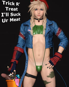 1boy 3d 3d_(artwork) bikini black_dildo blonde_hair blue_eyes braid braided_hair bulge bulge_under_clothes cammy_white_(cosplay) choker cloud_strife condom crossdressing dildo english_text eyeshadow femboy final_fantasy final_fantasy_vii final_fantasy_vii_remake gay hdregrets makeup male navel penis sissy sling_bikini slingshot_swimsuit slutty_costume slutty_outfit small_bulge street_fighter swimsuit tiny_penis trap twink used_condom yaoi