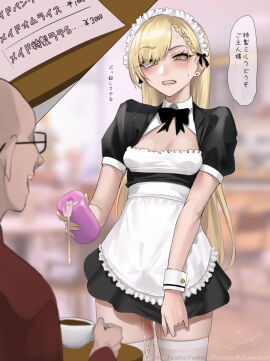 2boys after_ejaculation apron artificial_vagina asymmetrical_bangs bald blonde_hair blurry blurry_background blush braid breasts cleavage coffee_mug collared_dress crossdressing cum cum_on_body cum_on_legs cumdrip cup dress female highres holding ikemeru19 indoors long_hair looking_at_another maid maid_apron maid_headdress male male_with_breasts mixed-language_commentary mug multiple_boys multiple_males original paid_reward_available puffy_short_sleeves puffy_sleeves sex_toy short_dress short_sleeves sitting skindentation solo_focus speech_bubble thighhighs very_long_hair white_thighhighs