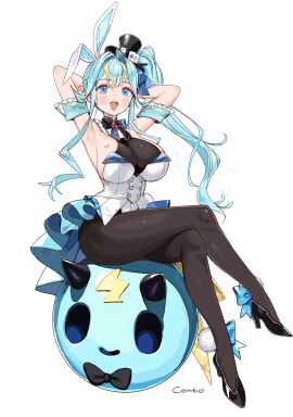 1girls armpits big_breasts blue_hair breasts bunny_ears conto crossed_legs female kaminari_clara large_breasts phase_connect phase_connect_jp phase_kaleido side_ponytail solo virtual_youtuber