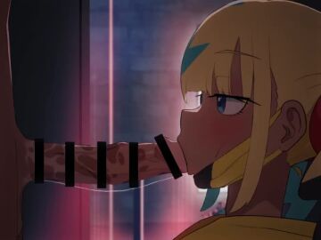 1boy 1girls :>= after_fellatio animated aqua_hair bar_censor blonde_hair blue_eyes blunt_bangs blush canari_(pokemon) censored commentary_request cum cum_in_mouth cum_string dark-skinned_female dark_skin ejaculation erection fellatio female mask mouth_mask multicolored_hair oral penis pokemon pokemon_legends:_z-a saliva setsuna_gohan solo_focus sound straight tagme twintails two-tone_hair veins veiny_penis video