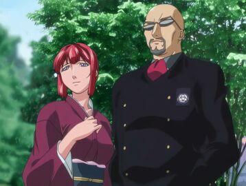 00s 1boy 1girls 2007 animated anime_screenshot bald bible_black bible_black_new_testament breasts facial_hair female formal_clothes goatee kimono large_breasts mature_female purple_eyes red_hair shin_bible_black short_hair smile suit sunglasses tagme takashiro_hiroko tree yuge_toru yukata
