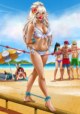 1girls 2boys 3girls albyeee arms_tied_behind_back balance_beam ball_gag barefoot beach beach_towel beach_umbrella bikini black_hair blonde_hair bondage bound breasts brown_eyes cleavage clouds cooler crotch_rope drinks female femsub flower gag gagged granblue_fantasy green_bikini green_swimsuit hair_flower holding_phone humiliation large_breasts legs legs_tied long_hair looking_at_viewer male midriff multiple_females navel ocean outside phone ponytail purple_bikini purple_swimsuit recording red_hair revealing_clothes rope rope_bondage rope_walking short_hair sky sunglasses swimsuit tan_body tan_skin walking watching water white_bikini white_hair white_swimsuit zooey_(granblue_fantasy)