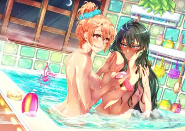 2girls artist_logo artist_name ass ass_crack barely_visible_nipples bath bathing black_hair blue_eyes bracelet breasts butt_crack cherryinthesun color completely_nude female hair_ornament hair_ribbon hair_scrunchie hand_on_another's_shoulder lighting long_hair looking_at_another my_teen_romantic_comedy_snafu nipples nude orange_hair partially_submerged red_eyes romantic romantic_couple scrunchie smile soap standing steam very_long_hair watermark wholesome yuigahama_yui yukinoshita_yukino yuri