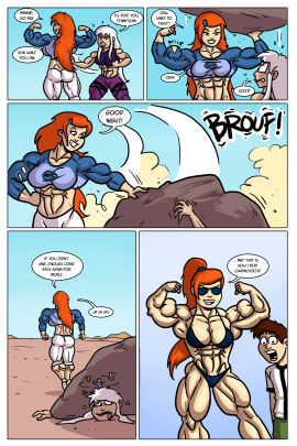 1boy 2girls abs ass ben_10 ben_tennyson biceps breasts charmcaster comic comic_page english_text extreme_muscles female growth gwen_tennyson hair human hyper_muscles long_hair male multiple_females multiple_girls muscle_growth muscles muscular muscular_arms muscular_female muscular_legs muscular_thighs orange_hair ritualist_(artist) sunglasses text white_hair